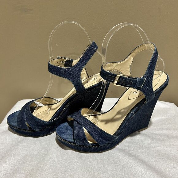 Guess‎ Wedge Sandals Womens Size 7 Blue Denim Strappy Shoes Work Casual Date - Picture 1 of 9